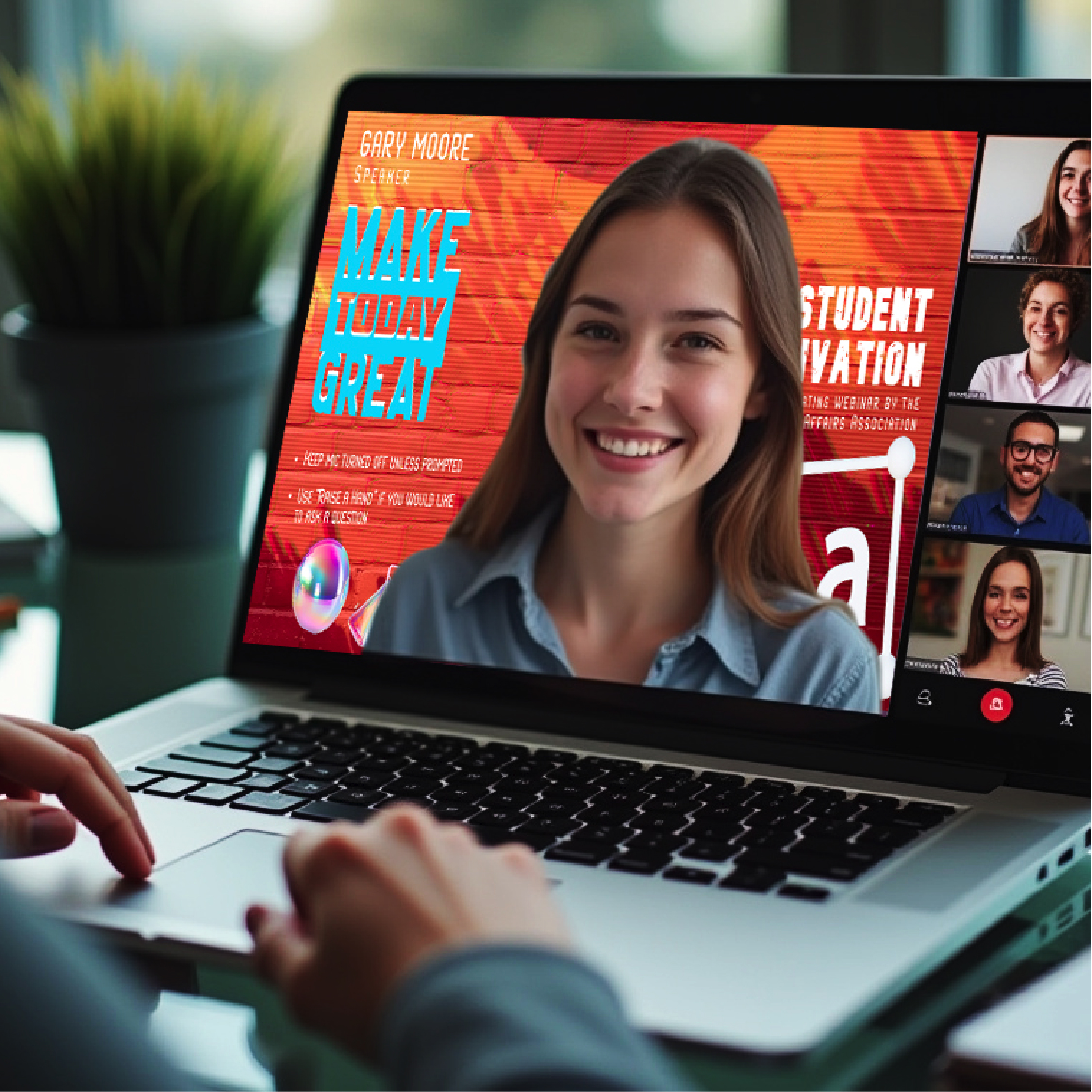 Woman typing on a laptop, viewing an online webinar titled 